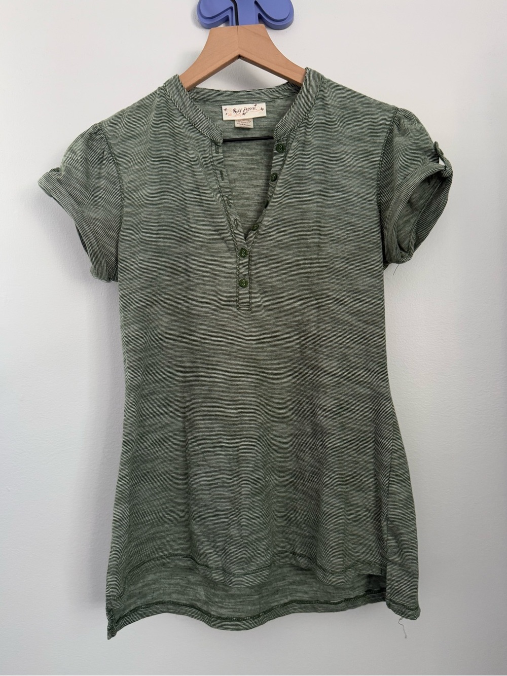 90s Y2K Large Green Stripe Henley Cuff Short Sleeve Tee 2000s Utility Grunge Emo
